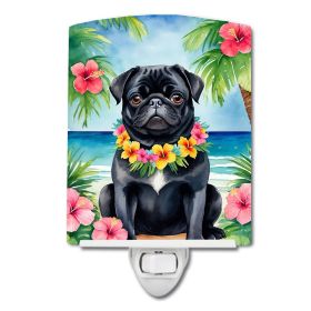 NEW Black Pug Luau Ceramic Night Light Compact, UL-Certified, Ideal for Bedroom, Bathroom, Nursery, Hallway, Kitchen, 6x4x3, Multicolor