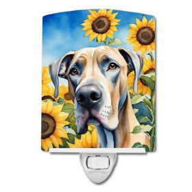 NEW Great Dane in Sunflowers Ceramic Night Light Compact, UL-Certified, Ideal for Bedroom, Bathroom, Nursery, Hallway, Kitchen, 6x4x3, Multicolor